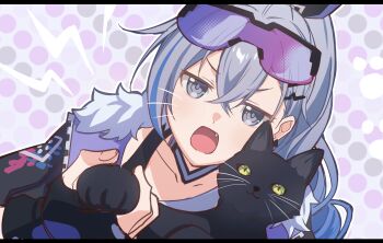 1girl absurdres animal animal_ears animal_nose black-framed_eyewear black_border black_cat black_gloves black_jacket black_ribbon blue_hair border cat cat_ears collarbone commentary_request crossed_bangs drill_hair drill_ponytail earclip elio_(honkai:_star_rail) fang fingerless_gloves fingernails fur-trimmed_jacket fur_trim gloves goggles goggles_on_head gradient_hair green_eyes grey_eyes hair_between_eyes hair_ornament hair_ribbon hairclip half-closed_eyes high_ponytail highres holding honkai:_star_rail honkai_(series) jacket lightning_bolt_symbol long_sleeves looking_at_viewer multicolored_hair open_clothes open_jacket open_mouth pink-tinted_eyewear polka_dot polka_dot_background ponytail purple-tinted_eyewear purple_background purple_jacket ribbon silver_wolf_(honkai:_star_rail) tank_top tinted_eyewear two-sided_fabric two-sided_jacket upper_body v-shaped_eyebrows white_tank_top zassyoku_dd