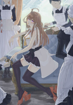 Rule 34 | 5girls, absurdres, ahoge, apron, black dress, black hair, black skirt, black thighhighs, blonde hair, breasts, brown hair, brushing another's hair, brushing hair, commentary request, diablo010059, double bun, dress, fingernails, frilled skirt, frills, grey hair, hair brush, hair bun, high heels, highres, holding, holding another's hair, holding hair brush, indoors, jewelry, kantai collection, kongou (kancolle), large breasts, long fingernails, long hair, long sleeves, maid, maid apron, multiple girls, nontraditional miko, purple eyes, ring, rudder footwear, sitting, skirt, solo focus, thighhighs, very long hair, wedding ring, white nails