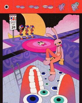 1boy 1girl animal animal_ears animal_feet aqua_eyes artist_name barefoot black_border black_eyes black_sky blue_eyes blue_gloves blue_shirt blue_shoes border brown_hair caine_(the_amazing_digital_circus) carpet clone cloud colored_sclera colored_skin commentary dentures detached_eyes egg empty_pool english_commentary frog gloves half-closed_eyes hat hat_bell highres jax_(the_amazing_digital_circus) jester jester_cap jester_costume ladder moon multicolored_shirt no_mouth no_nose orange_overalls overalls pink_clouds pink_skin pomni_(the_amazing_digital_circus) pool rabbit_boy rabbit_ears red_shirt red_shoes ribbit_(the_amazing_digital_circus) shirt shoes short_sleeves sign sitting sky standing surreal tadpole taffimaya the_amazing_digital_circus two-tone_hat white_skin yellow_gloves yellow_sclera