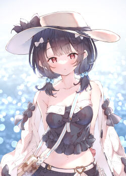 Rule 34 | 1girl, absurdres, aran sweater, arms behind back, bag, belt, black bow, black hair, black tube top, blush, bow, breasts, cable knit, cardigan, cardigan on shoulders, collarbone, frilled tube top, frills, granblue fantasy, hair bobbles, hair bow, hair ornament, hat, hat bow, highres, looking at viewer, low twintails, medium breasts, medium hair, midriff, navel, ocean, parted lips, red eyes, scrunchie, solo, standing, straight-on, strapless, sun hat, sweater, tube top, twintails, ukiwakisen, upper body, vikala (granblue fantasy), white bow, white cardigan, white hat, wrist scrunchie