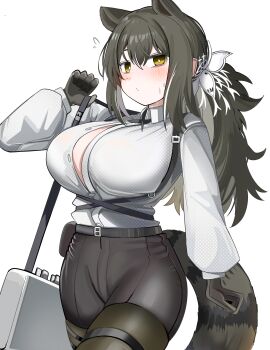 1girl absurdres animal_ears arknights belt black_pantyhose black_shorts bow breasts bright_pupils button_gap cleavage collared_shirt commentary cross_tie diamond-shaped_pupils diamond_(shape) flying_sweatdrops freckles hair_bow highres large_breasts pantyhose pantyhose_under_shorts ponytail raccoon_ears raccoon_girl raccoon_tail robin_(arknights) shirt shirt_tucked_in shorts simple_background solo spam_(spamham4506) symbol-shaped_pupils tail white_background white_pupils white_shirt