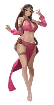 1girl armlet barefoot blue_eyes bracelet brown_hair commentary detached_sleeves english_commentary feet female_focus full_body gold_choker harem_outfit highleg highleg_panties highres j@ck jewelry long_hair looking_at_viewer navel nintendo panties parted_lips pink_sleeves pointy_ears princess_zelda revealing_clothes see-through_clothes solo stomach the_legend_of_zelda the_legend_of_zelda:_twilight_princess thighlet tiara toes underwear white_background white_panties