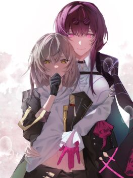 2girls black-framed_eyewear black_choker black_gloves black_jacket black_shorts black_skirt breasts brown_pantyhose choker clenched_hand closed_mouth collared_shirt commentary covering_own_mouth cowboy_shot english_commentary eyewear_on_head frills gloves grey_background grey_hair hair_between_eyes hand_around_waist hand_on_own_face hand_up high-waist_shorts honkai:_star_rail honkai_(series) jacket kafka_(honkai:_star_rail) lapels large_breasts long_hair long_sleeves looking_at_another looking_down multiple_girls navel open_clothes open_jacket pantyhose pink_eyes pink_gloves puffy_long_sleeves puffy_sleeves purple_hair round_eyewear shirt shorts sidelocks skirt smile spider_web_print standing stelle_(honkai:_star_rail) sunglasses t-shirt trailblazer_(honkai:_star_rail) two-tone_background white_background white_shirt xiang_cheng_(mona_0225_) yellow_eyes yuri