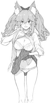 10s 1girl absurdres animal_ear_fluff animal_ears bad_id bad_twitter_id blush bra breasts clothes_lift daftbonkers fangs fate/extra fate_(series) female_focus greyscale highres large_breasts long_hair monochrome navel official_alternate_costume panties shirt shirt_lift simple_background skirt skirt_lift sleeves_rolled_up smile solo tamamo_jk_(fate) tamamo_no_mae_(fate) twintails underwear white_background
