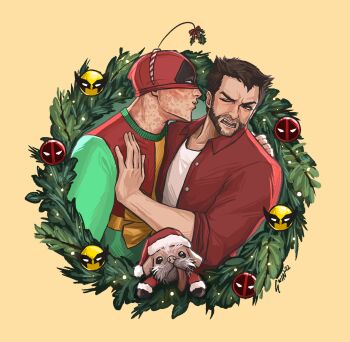 2boys beard blush brown_hair christmas christmas_sweater christmas_wreath collared_shirt commentary deadpool deadpool_&amp;_wolverine deadpool_(series) dog dogpool english_commentary facial_hair gwindows22 hand_on_another's_chest highres long_sleeves looking_at_another male_focus marvel marvel mask mistletoe multiple_boys muscular muscular_male one_eye_closed open_mouth puckered_lips red_mask santa_costume scar scars_all_over shirt teeth too_many ugly_sweater wolverine_(x-men) wreath x-men yaoi