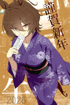 1girl 2026 agnes_tachyon_(umamusume) ahoge animal_ears ashino_moto black_sash breasts brown_hair brown_tail closed_mouth commentary_request floral_print floral_print_kimono hair_between_eyes highres holding holding_paper horse_ears horse_girl horse_tail huge_ahoge japanese_clothes kimono large_breasts long_hair_between_eyes looking_at_viewer medium_hair nengajou new_year obi paper print_kimono purple_kimono red_eyes sash smile solo standing tail translation_request umamusume wide_sleeves