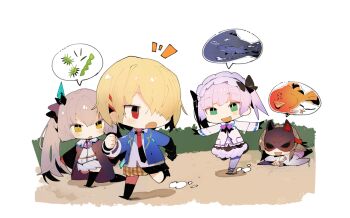 Rule 34 | 4girls, :d, :o, arrow (symbol), black gloves, black robe, black socks, black thighhighs, blonde hair, blue jacket, blunt bangs, blunt ends, blush, bow, bowtie, bright pupils, brown hair, brown skirt, chibi, chibi only, collared shirt, commentary, day, fake horns, fox mask, full body, gloves, green eyes, grey hair, hair ornament, hair over one eye, hairband, hairclip, heaven burns red, hime cut, horns, jacket, kayamori ruka, kiryuu miya, kneehighs, lolita fashion, lolita hairband, long bangs, long hair, long sleeves, looking at another, lying, mask, medium hair, miniskirt, motion lines, multiple girls, neck ribbon, necktie, nobara (konnttaku), notice lines, ogasawara hisame, on stomach, one eye covered, open clothes, open jacket, open mouth, open robe, outdoors, outstretched arms, parallel hairclips, plaid clothes, plaid skirt, pleated skirt, purple bow, purple bowtie, purple ribbon, red eyes, red necktie, ribbon, robe, running, shirt, short hair, sidelocks, simple background, skirt, slit pupils, smile, socks, speech bubble, spoken object, sugawara chie, thighhighs, twintails, v-shaped eyebrows, very long hair, white background, white jacket, white pupils, white shirt, white skirt, yellow eyes, zettai ryouiki