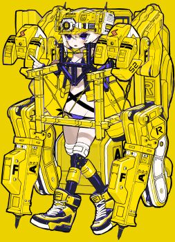 1girl absurdres blush full_body highres index_finger_raised lightning_bolt_symbol machine machinery muzinneki open_mouth original purple_eyes shadow shoes simple_background solo walking white_hair yellow_background yellow_shoes yellow_theme