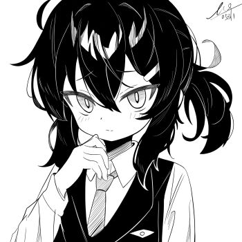 1girl blue_archive commentary dated dress_shirt greyscale hair_ornament hairclip hand_up haruka_(blue_archive) haruka_(suit)_(blue_archive) highres limpiderm looking_at_viewer monochrome necktie ponytail portrait shirt short_ponytail signature simple_background solo untranslatable_commentary vest white_background