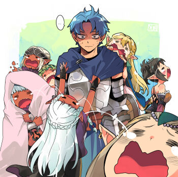 Rule 34 | ..., 1boy, 6+girls, = =, absurdres, alain (unicorn overlord), aqua hair, armor, black hair, blonde hair, blue cape, blue hair, braid, breastplate, cape, clothes grab, crown braid, crying, dark-skinned female, dark elf, dark skin, ear piercing, elf, eltolinde (unicorn overlord), elven archer (unicorn overlord), galadmir (unicorn overlord), grabbing another's cloak, highres, multiple girls, nervous sweating, piercing, pirate yuri, pointy ears, portuguese commentary, railanor (unicorn overlord), ridiel (unicorn overlord), rosalinde (unicorn overlord), shaded face, spoken ellipsis, streaming tears, sweat, teardrop, tears, turn pale, unicorn overlord, wavy mouth, wrapped in blanket