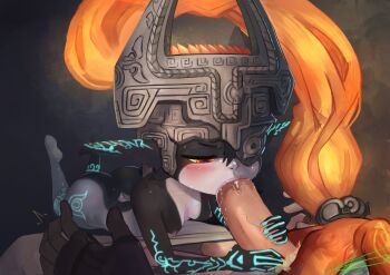 absurdres ass bad_tag blush breasts demon_girl eltonel fellatio glowing glowing_tattoo handjob helmet highres large_penis link midna nintendo oral orange_hair penis prehensile_hair red_eyes saliva small_breasts tattoo the_legend_of_zelda the_legend_of_zelda:_twilight_princess