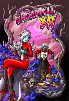 1girl 2boys baby bib blue_skin bone bottle breasts colored_skin commentary_request copyright_name couple cup demon dragon_ball dragon_ball_online dragon_ball_xenoverse earrings eating empty_bottle family family_bonding father_and_son fingernails food fu_(dragon_ball) hat hetero high_heels highres holding holding_cup husband_and_wife jewelry lizard long_hair looking_at_another looking_to_the_side midriff mikidai7 mira_(dragon_ball) mother_and_son multiple_boys muscular muscular_male nail_polish picnic picnic_basket pink_sky pointy_ears pointy_hair potara_earrings purple_skin sandwich sharp_fingernails short_hair sitting skull sky steam surprised sweatdrop teacup towa_(dragon_ball) tree underboob white_hair