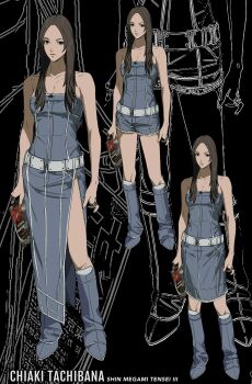 1girl adapted_costume amikoiiko belt black_background brown_hair character_name closed_mouth collarbone copyright_name denim denim_boots denim_dress denim_shorts dress fingernails full_body highres holding_flyer index_ring jewelry long_dress long_hair looking_at_viewer medium_dress multiple_rings multiple_views ring shin_megami_tensei shin_megami_tensei_iii:_nocturne short_shorts shorts side_slit strapless strapless_dress striped_clothes striped_dress tachibana_chiaki_(megami_tensei) tube_top vertical-striped_clothes vertical-striped_dress white_belt zoom_layer