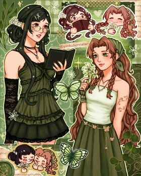 2girls aerith_gainsborough alternate_costume armlet bandana bare_shoulders black_hair book braid breasts brown_hair bug butterfly chibi chibi_inset cleavage cowboy_shot detached_sleeves double_bun face_piercing final_fantasy final_fantasy_vii flower glasses green_bandana green_eyes green_shirt green_skirt hair_bun hair_ornament highres holding holding_book holding_flower insect jewelry lace lace_sleeves lip_piercing long_hair medium_breasts multiple_girls necklace parted_bangs parted_lips piercing pinkuberristar puckered_lips red_eyes shirt sidelocks skirt tifa_lockhart twin_braids wavy_hair white_flower x_hair_ornament