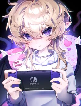 1boy blonde_hair closed_mouth cloud_(lufaeris) commentary demon_wings double-parted_bangs english_commentary hair_between_eyes handheld_game_console heart highres holding holding_handheld_game_console looking_at_viewer male_focus medium_hair nintendo_switch original playing_games pointy_ears pout purple_eyes solo sweater upper_body white_sweater wings