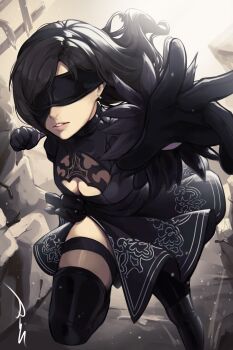 Rule 34 | 1girl, 2b (nier:automata), 2b (nier:automata) (cosplay), absurdres, black boots, black dress, black gloves, black hair, black thighhighs, blindfold, boots, breasts, cleavage, cleavage cutout, clothing cutout, commentary, company connection, cosplay, covered eyes, dress, earrings, feather-trimmed sleeves, feet out of frame, fighting stance, final fantasy, final fantasy vii, final fantasy vii: ever crisis, gloves, highres, incoming attack, incoming punch, jewelry, lips, long hair, medium breasts, nier:automata, nier (series), official alternate costume, parted lips, pink lips, print dress, puffy sleeves, punching, raynlikerain, rock, ruins, signature, single earring, solo, thigh boots, thighhighs, thighhighs under boots, tifa lockhart, tifa lockhart (battler ensemble), turtleneck, turtleneck dress