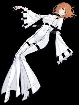 1girl black_background bodysuit breasts c.c. c.c._(cosplay) code_geass command_spell cosplay fate/grand_order fate_(series) fujimaru_ritsuka_(female) full_body kurenai_veni1 medium_breasts orange_hair short_hair simple_background solo white_bodysuit white_footwear yellow_eyes