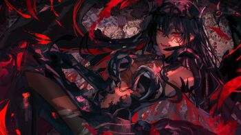1girl absurdres asano_(kazusasn) black_dress black_gloves breasts crossed_bangs dress fangs gloves highres long_hair mole mole_under_eye multiple_moles navel nijisanji nijisanji_en red_eyes scarle_yonaguni smile solo teeth upper_teeth_only