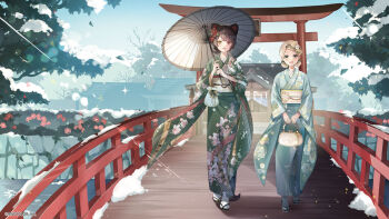 2girls :d animal_ears architecture bag blonde_hair blue_kimono blue_sky braid braided_bangs bridge brown_hair canal commentary_request copyright_notice dog_ears dog_girl dog_tail double_bun east_asian_architecture floral_print floral_print_kimono flower furisode green_kimono hair_bun hair_flower hair_ornament handbag hands_up heterochromia holding holding_bag holding_umbrella inui_toko japanese_clothes kimono kinchaku long_sleeves looking_at_viewer machita_chima multiple_girls nijisanji obi obiage obijime official_alternate_costume official_art oil-paper_umbrella open_mouth outdoors pouch print_kimono red_eyes red_flower sandals sash second-party_source shunka_tunacan single_hair_bun sky smile snow socks standing tabi tail tentacles tentacles_under_clothes torii tree umbrella virtual_youtuber white_flower white_sash white_socks white_umbrella winter wooden_bridge yellow_eyes yellow_flower