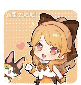 >_< 1girl animal artist_name bell black_bow black_bowtie border bow bowtie bowtie_cat calico_(pattern) calico_cat cherilynorz chibi chinese_commentary collared_shirt commentary_request cowboy_hat eyelashes fang hair_bow halftone halftone_background happy hat heart high_ponytail highres infinity_nikki light_blush long_hair neck_bell nikki_(series) nimble_cat_(infinity_nikki) notice_lines open_mouth orange_background orange_eyes orange_hair orange_scrunchie orange_skirt outline outside_border outstretched_hand ponytail scrunchie shirt skirt skirt_bow sleeveless sleeveless_shirt smile star_(symbol) star_in_eye striped_bow striped_bowtie striped_clothes symbol_in_eye traditional_bowtie very_long_hair white_border white_outline white_shirt wrist_scrunchie