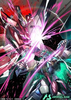 Rule 34 | artificial eye, card (medium), commentary request, company name, copyright logo, copyright name, copyright notice, dual wielding, gn sword, green eyes, gundam, gundam 00, gundam arsenal base, gundam dynames, gundam throne zwei, holding, holding sword, holding weapon, kuri giepi, logo, mecha, mecha focus, mechanical eye, mobile suit, no humans, official art, pink eyes, robot, science fiction, slicing, sword, v-fin, weapon