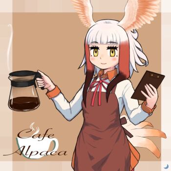 1girl adapted_costume aotsuki_tsutome apron bird_girl bird_tail bird_wings black_hair blush coffee coffee_pot collar collared_shirt commentary_request cowboy_shot head_wings japanese_crested_ibis_(kemono_friends) kemono_friends long_sleeves neck_ribbon pleated_skirt red_apron red_collar red_ribbon red_shirt red_skirt ribbon shirt short_hair sidelocks skirt solo tail two-tone_shirt white_hair white_shirt wings yellow_eyes