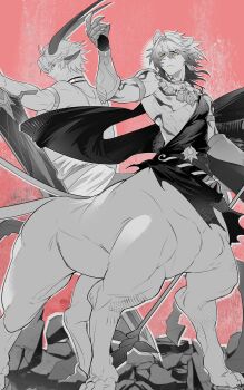 2boys animal_ears antenna_hair armlet black_choker black_coat blue_eyes braid centaur choker clawed_gauntlets coat dawnmaker_(honkai:_star_rail) earrings fsh887624596321 greyscale_with_colored_background highres holding holding_sword holding_weapon honkai:_star_rail honkai_(series) horns jewelry lion_boy lion_ears lion_tail male_focus medium_hair monsterification multiple_boys mydei_(honkai:_star_rail) neck_tattoo necklace phainon_(honkai:_star_rail) red_background sheep_boy sheep_ears sheep_horns short_hair side_braid spot_color sun_symbol sun_tattoo sword tail tan tattoo taur weapon yellow_eyes