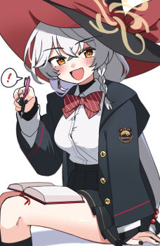 ! 1girl :d absurdres arm_support black_coat black_hat black_shirt black_skirt black_socks blue_archive book book_on_lap bow bowtie braid coat collared_shirt commentary_request cowboy_shot earrings eri_(blue_archive) hair_between_eyes hair_bobbles hair_ornament halo hat head_tilt highres holding holding_pen hood hooded_coat jewelry kneehighs long_hair long_sleeves looking_at_viewer low-tied_long_hair low_ponytail nail_polish open_clothes open_coat open_mouth orange_eyes pen pleated_skirt ponytail red_bow red_bowtie ring school_uniform shirt sidelocks simple_background single_braid sitting skirt smile socks solo spoken_exclamation_mark turtleneck turtleneck_shirt white_background white_hair white_shirt wild_hunt_academy_of_arts_logo witch_hat yellow_halo zono_(inokura_syuzo029)