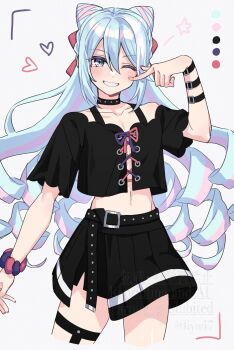 1boy androgynous blue_eyes blue_hair cone_hair_bun drill_hair fire_emblem fire_emblem_engage hair_between_eyes hair_bun hair_horns highres legwear_garter long_hair looking_at_viewer male_focus nintendo rosado_(fire_emblem) shinae single_legwear_garter smile solo trap