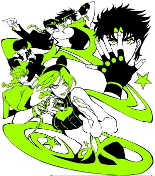 1girl 5boys asymmetrical_bangs battle_tendency black_gloves black_hair black_hat black_shirt braid chain clamchowder55 colored_skin diamond_wa_kudakenai double_bun from_behind gakuran giorno_giovanna gloves green_eyes green_hair green_headband green_jacket green_scarf green_shirt hair_bun hat headband heart heart_print higashikata_josuke higashikata_josuke&#039;s_pose highres jacket jojo_no_kimyou_na_bouken jojo_pose jonathan_joestar jonathan_joestar&#039;s_pose joseph_joestar joseph_joestar&#039;s_pose joseph_joestar_(young) kujo_jolyne&#039;s_pose kujo_jotaro&#039;s_pose kuujou_jolyne kuujou_joutarou limited_palette multicolored_hair multiple_boys muscular phantom_blood scarf school_uniform shirt single_braid sleeveless sleeveless_shirt spot_color star_(symbol) stardust_crusaders stone_ocean two-tone_hair vento_aureo white_skin