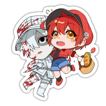 1boy 1girl absurdres ae-3803 ahoge baseball_cap basket black_shirt black_socks blood blood_on_clothes blood_on_face blue_shorts bread breast_pocket chibi collared_jacket collared_shirt combat_knife cropped_jacket food frown hair_between_eyes hair_over_one_eye hat hataraku_saibou highres holding holding_basket holding_knife jacket knife lettuce looking_at_viewer open_mouth pants pocket red_blood_cell_(hataraku_saibou) red_hair red_hat red_jacket red_shoes rougui_(he_fengyu) sandwich shirt shoes shorts socks tomato u-1146 weapon white_blood_cell_(hataraku_saibou) white_hair white_hat white_pants white_shirt yellow_eyes