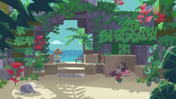 2boys animated animated_gif bottle commentary_request dark-skinned_male dark_skin day dragon_quest dragon_quest_builders_2 fish fishing fishing_line fishing_rod hat holding holding_fishing_rod looping_animation male_builder_(dqb2) multiple_boys outdoors palm_tree sand scenery sidoh_(dqb2) sleeping slice_of_life straw_hat stuffed_animal stuffed_rabbit stuffed_toy topless_male tppqqq7 tree water