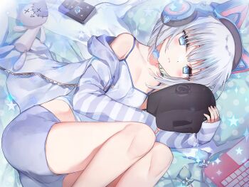 1girl animal_ear_headphones animal_ears blanket blue_camisole blue_eyes blue_jacket blue_shorts breasts camisole candy cat_ears cleavage collarbone computer controller fake_animal_ears food grey_hair headphones headset jacket laptop lollipop looking_at_viewer lying on_side original pajamas parted_lips satsuki_misuzu short_hair shorts small_breasts solo stuffed_animal stuffed_toy thighs