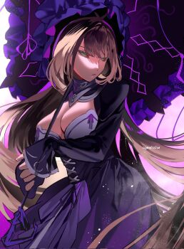 1girl antenna_hair black_corset black_dress blonde_hair bonnet bow breast_ribbon breasts cleavage closed_mouth commission corset dress dulcinea_(project_moon) frilled_bonnet frilled_umbrella frills highres holding holding_umbrella large_breasts limbus_company long_hair looking_at_viewer project_moon purple_background purple_bonnet purple_bow purple_umbrella red_eyes simple_background solo standing umbrella upper_body white_background yongsadragon