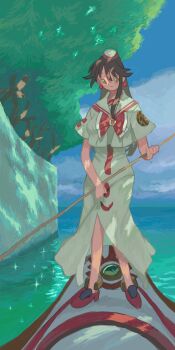Rule 34 | 1girl, akira ferrari, aria (manga), bow, bowtie, brown hair, choppy bangs, cloud, cloudy sky, commentary request, dappled sunlight, dress, earrings, full body, gondola, green eyes, hat, highres, himeya company uniform, holding, holding oar, jewelry, long hair, long single sidelock, looking to the side, oar, ocean, red bow, red bowtie, red shoes, red trim, sailor collar, shoes, sky, sunlight, torikeyu, tree, tree shade, undine (aria), white dress, white hat