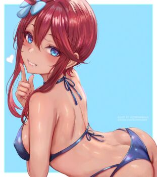 1girl ass back backboob bare_shoulders bikini blue_bikini blue_eyes blush breasts dark-skinned_female dark_skin female_focus grin hair_between_eyes hair_ornament large_breasts leonmandala looking_at_viewer nintendo pokemon pokemon_bw red_hair short_hair_with_long_locks sidelocks skyla_(pokemon) smile solo swimsuit teeth