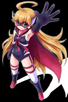 1girl ahoge arm_up armpits black_background black_boots black_gloves black_leotard blonde_hair boots cape doronjo full_body gloves green_eyes hidechu_trasmi knee_boots leopard_(yatterman) leotard long_hair mask outstretched_arm red_cape simple_background smile solo thigh_strap thighhighs thighs time_bokan_(series) white_thighhighs yatterman yoru_no_yatterman