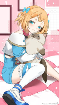 1girl animal blue_bow blue_eyes blue_ribbon blue_shoes bow character_request closed_mouth collar commentary_request commission copyright_request frilled_thighhighs frills hair_bow highres holding holding_animal k_(art71) orange_hair pink_collar ribbon shoes short_hair skeb_commission thighhighs twitter_username white_thighhighs