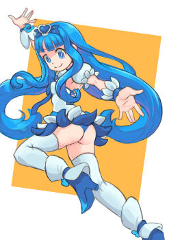 1girl absurdres ass back back_cutout blue_buruma blue_choker blue_eyes blue_hair blue_skirt boots bow breasts brooch buruma choker clothing_cutout cure_marine hair_ornament heart heart_brooch heartcatch_precure! highres jewelry long_hair looking_back magical_girl okera precure skirt small_breasts smile thighhighs white_background white_thighhighs wrist_cuffs yellow_background