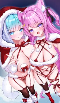 2girls absurdres animal_ear_fluff animal_ears aqua_hair bikini black_ribbon blue_eyes boots breasts brown_thighhighs capelet cat_ears cleavage commentary_request hair_ribbon highres huge_breasts katsushika_pachi knee_boots multiple_girls navel original pasties pink_hair purple_eyes red_bikini red_boots red_capelet revealing_clothes ribbon santa_bikini santa_costume standing stomach swimsuit thighhighs v