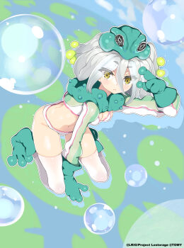 1girl absurdres bikini breasts char_(2v_26) cleavage closed_mouth copyright_notice frog_hat gloves green_gloves green_shoes grey_hair hair_between_eyes highres keromodoki_(wixoss) looking_at_viewer medium_breasts medium_hair official_art shoes solo swimsuit thighhighs white_bikini white_thighhighs wixoss yellow_eyes