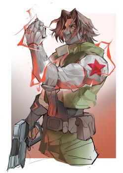 Rule 34 | 1boy, border, brown hair, bucky barnes, captain america (series), chinese commentary, cowboy shot, crackling energy, gradient background, green pants, green vest, grey eyes, gun, highres, holding, holding gun, holding weapon, male focus, marvel, marvel rivals, mask, mechanical arms, medium hair, mouth mask, muscular, muscular male, pants, parted hair, prosthesis, prosthetic arm, scar, scar across eye, scar on face, solo, songtanshui02, vest, weapon, white border, winter soldier