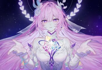 1girl amphoreus_(honkai:_star_rail) bare_shoulders breasts bridal_veil commentary cyrene_(honkai:_star_rail) cyrene_(ripples_of_past_reverie)_(honkai:_star_rail) diamond-shaped_pupils diamond_(shape) flower gyeran_malee hair_flower hair_ornament halo hashtag-only_commentary highres honkai:_star_rail honkai_(series) large_breasts long_hair mobius_strip multicolored_hair parted_lips pink_hair pointy_ears purple_eyes sky solo star_(sky) starry_sky symbol-shaped_pupils two-tone_hair upper_body veil very_long_hair white_hair