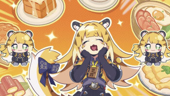 1girl animal_ear_fluff animal_ears blonde_hair gloves green_eyes highres jacket ju_fufu long_hair looking_at_viewer multicolored_hair official_art open_mouth screencap shirt shorts smile solo tail third-party_source tiger_ears tiger_girl tiger_tail white_hair zenless_zone_zero