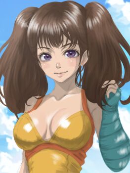 Rule 34 | 1girl, blue sky, breasts, brown hair, cleavage, cloud, diane (nanatsu no taizai), fingerless gloves, gloves, highres, large breasts, lips, long hair, mayan someya, nanatsu no taizai, purple eyes, single glove, sky, twintails, upper body