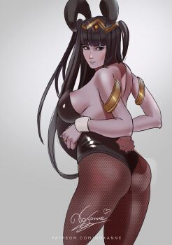 1girl absurdres ass bare_shoulders black_eyes black_hair breasts fire_emblem fire_emblem_awakening from_behind highres large_breasts leotard long_hair looking_back nintendo noxanne playboy_bunny rabbit_ears rabbit_tail sleeveless teeth tharja_(fire_emblem) thong_leotard twintails