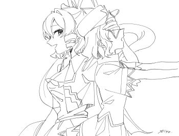 2girls artist_name breasts cleavage commentary dress greyscale hair_rings hand_on_another's_face highres jiangshi kaku_seiga miyako_yoshika monochrome multiple_girls ofuda open_clothes open_mouth open_vest outstretched_arms shawl smile touhou uehara_suiyo vest zombie_pose