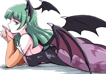 Rule 34 | 1girl, animal print, ass, bare shoulders, bat print, bat wings, black leotard, breasts, bridal gauntlets, cleavage, commentary, darkstalkers, demon girl, fur-trimmed leotard, fur trim, green eyes, green hair, head wings, highleg, highleg leotard, highres, ikaringo (ikaringo4444), large breasts, leotard, long hair, lying, morrigan aensland, off-shoulder leotard, on stomach, pantyhose, print pantyhose, purple pantyhose, purple wings, smile, solo, untranslatable commentary, wings