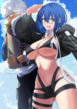 1girl 2boys absurdres archer_(fate) archer_(summer_casual)_(fate) bag beach bespectacled bikini black_bikini black_keys_(type-moon) blue_eyes blue_hair blush bread breasts c.i.e.l_(fate) ciel_(tsukihime) cleavage collarbone couple dark-skinned_male dark_skin day fate/grand_order fate_(series) food frilled_bikini frills glasses hand_up hetero highres husband_and_wife jacket large_breasts looking_at_another looking_at_viewer mature_male multiple_boys muscular muscular_male mysterious_executor_c.i.e.l_(fate) navel nun one-piece_swimsuit open_mouth panties pants round_eyewear semi-rimless_eyewear shirt shokobr shopping shopping_bag short_hair side-tie_bikini_bottom smile standing swimsuit thighhighs thighs tsukihime two_side_up underwear white_bikini white_hair white_shirt