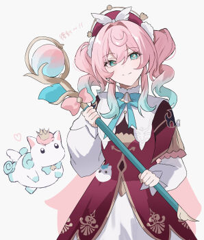 Rule 34 | 1girl, 961 kuru, aqua bow, aqua bowtie, aqua eyes, aqua hair, bow, bowtie, bright pupils, closed mouth, commentary request, cowboy shot, dress, drill hair, gradient hair, hair intakes, hair ornament, hair scrunchie, hat, highres, holding, holding staff, honkai: star rail, honkai (series), hyacine (honkai: star rail), little ica (honkai: star rail), long sleeves, looking at viewer, mage staff, multicolored hair, pink hair, puffy long sleeves, puffy sleeves, red dress, red hat, scrunchie, simple background, smile, solo, staff, translation request, twin drills, white background, white scrunchie
